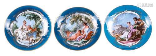 Three Limoges marked plates with a bleu céleste ground and polychrome handcoloured transferprinted scenes, Diameter 35 cm