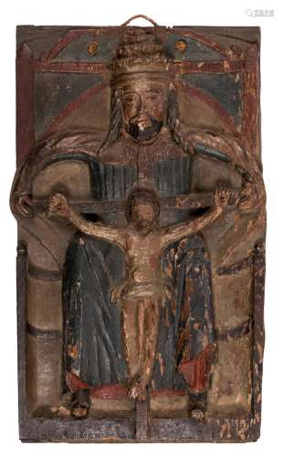 God the Father and his crucified Son, oak sculpted and polychrome painted panel, probably Eastern Europe, 16thC, H 50 - W 31 cm, 30,5 x 50,5 cm