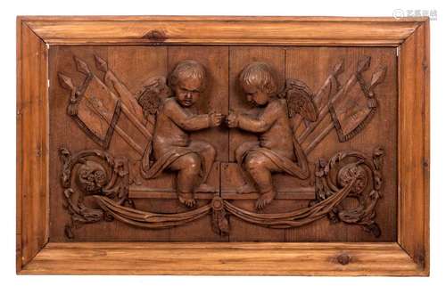 A sculpted oak panel depicting an allegory of freedom, dated 1786, pine framed, 61 x 109 cm