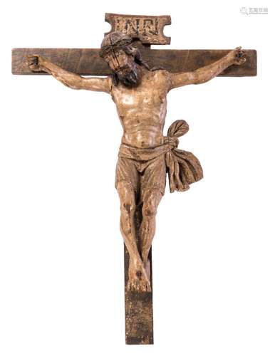 A 17thC polychrome painted wooden Christ on the cross, H 115 - B 87 cm