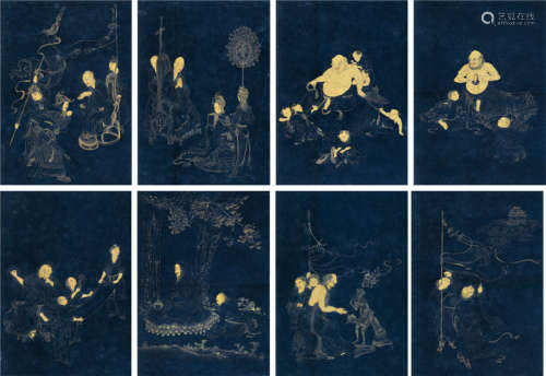 佚名 瓷青描金佛教人物故事图 册页 （8开） 纸本