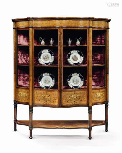 约1890年 英国伦敦椴木细木拼花玻璃展示柜/书柜
