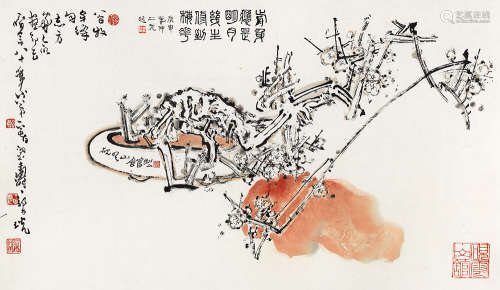 谢义耕郑乃珖 1982年作 白梅图 镜片 设色纸本