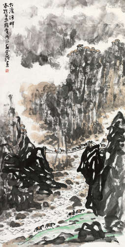 余龙 戊辰（1988）年作 大渡河畔 镜片 设色纸本