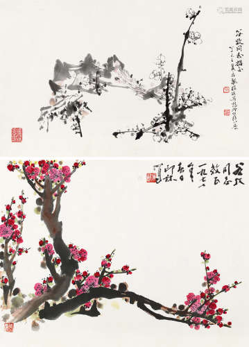 区丽庄萧朗 丁巳（1977）年作 梅花 （二帧） 镜片 设色纸本