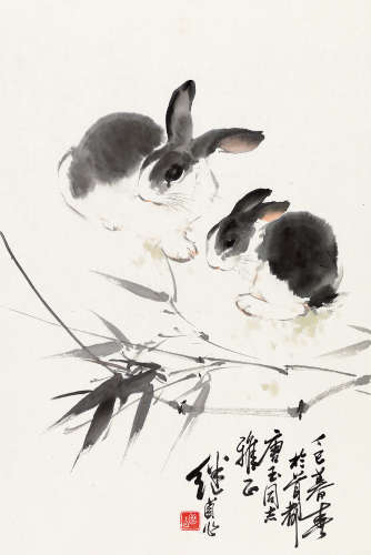 刘继卣 丁巳（1977）年作 双兔 镜片 设色纸本