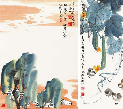 许化夷 壬戌（1982）年作 山水 小鸡 （两帧） 镜片 设色纸本