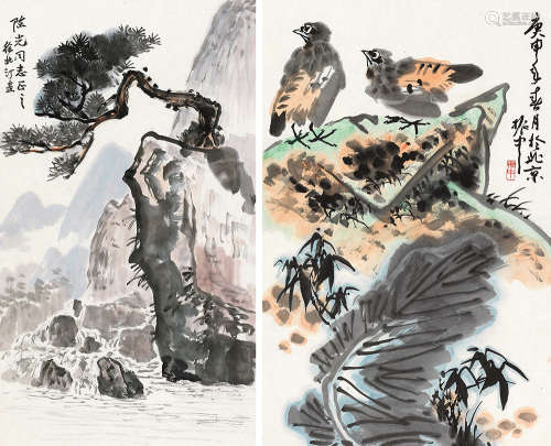 王振中徐北汀 庚申（1980）年作 山水 花鸟 （两帧） 镜片 设色纸本