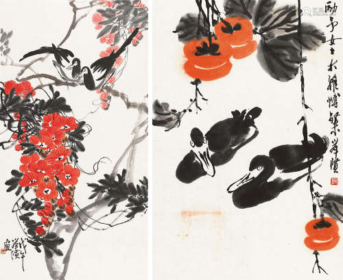 谢举贤 戊午（1978）年作 花卉 （两帧） 镜片 设色纸本