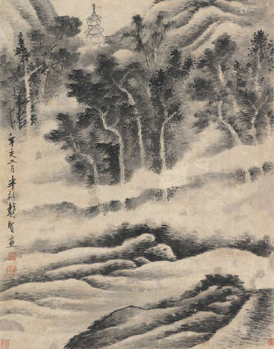 龚贤 辛亥（1671）年作 烟寺晚钟 立轴 水墨纸本