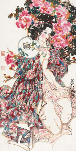 林墉 甲戌（1994）年作 她在丛中笑 立轴 设色纸本