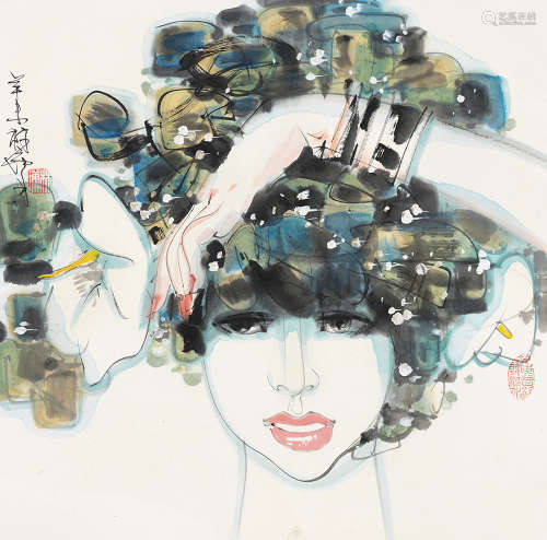林墉 辛未（1991）年作 日本少女 镜片 设色纸本