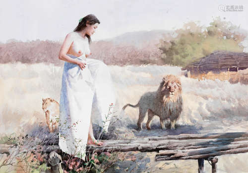 欧日东 2015年作 女子与狮子 纸本 水彩