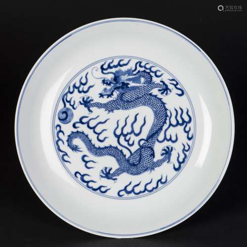 A BLUE AND WHITE DRAGON PORCELAIN PLATE, QING DYNASTY, GUANGXU PERIOD