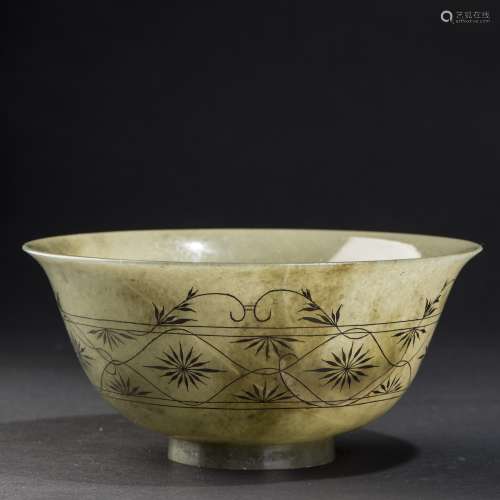 A CELADON JADE BOWL WITH SILVER INLAID, QIANLONG MARK AND PERIOD
