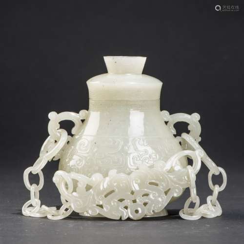A WHITE JADE CHAINED CENSER, 19/20TH CENTURY