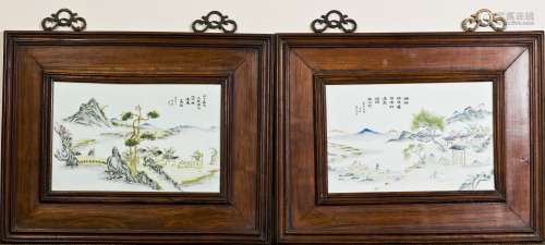 A PAIR OF PORCELAIN PLAQUE WITH OLD HONGMU FRAME, QING DYNASTY