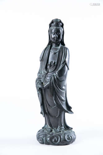 A SILVER INLAID BRONZE GUANYIN, LATE MING/ EARLY QING DYNASTY, 17TH CENTURY