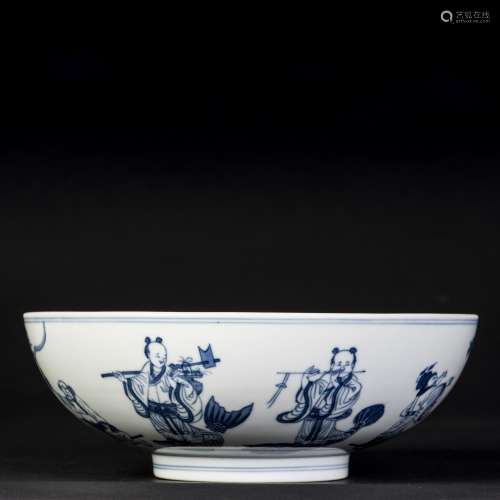 A BLUE AND WHITE 'EIGHT IMMORTAL FIGURES' PORCELAIN BOWL, QING DYNASTY, DAOGUANG PERIOD