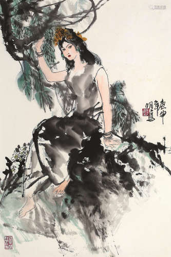 王明明 庚申 1980年作 少女 镜心 设色纸本