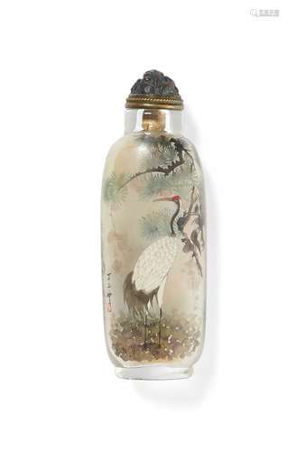 SNUFFBOTTLE WITH CRANES UNDER PINES.