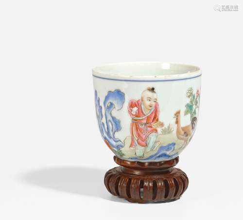CUP WITH BOY AND ROOSTER.