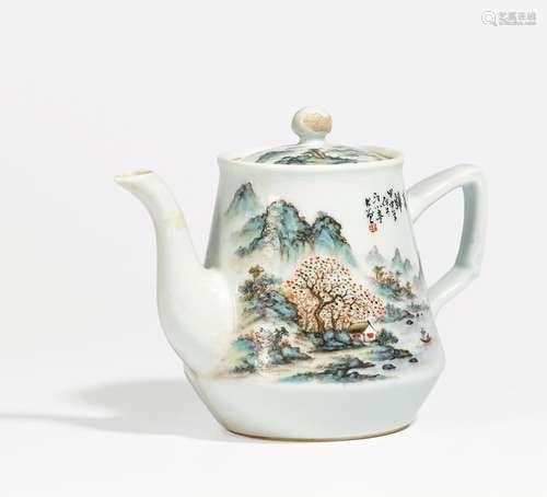 TEAPOT WITH LANDSCAPE IN SPRING.