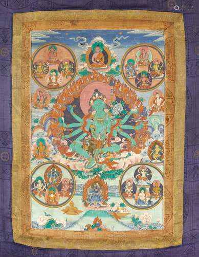 THANGKA OF THE WRATHFUL GREEN TARA WITH HER ENTOURAGE OF 21 TARA.