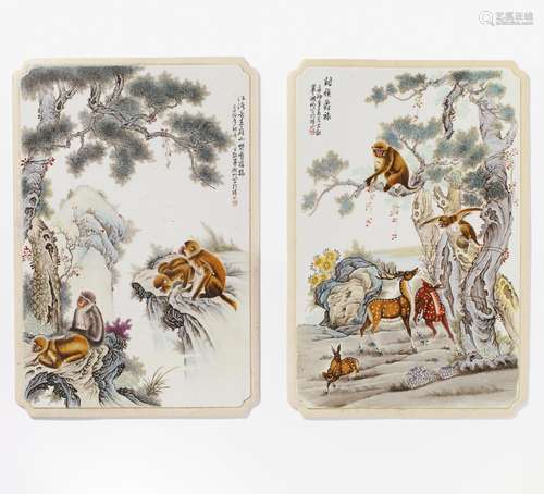 PAIR OF LARGE PLATES WITH MONKEYS AND DEERS.