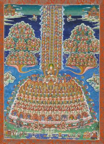 IMPORTANT AND LARGE THANGKA OF THE TSOGSHIN OF THE GELUGPA SCHOOL.