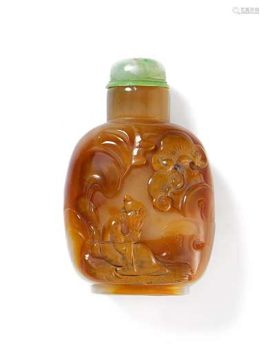 SNUFFBOTTLE WITH LUOHAN AND LINGZHI.