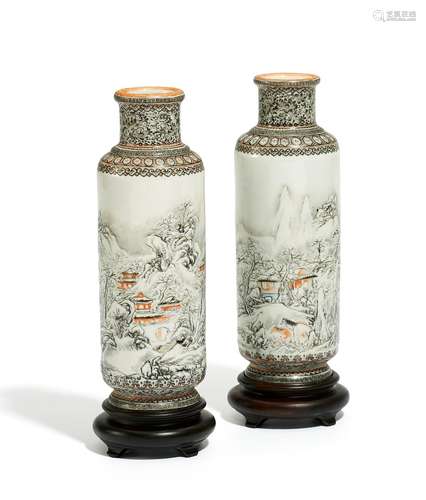 PAIR CYLINDRIC VASES WITH SNOWY LANDSCAPE AND POEM.