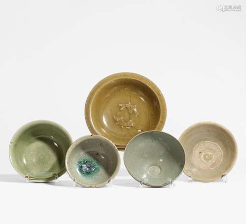 FIVE SELADON BOWLS.