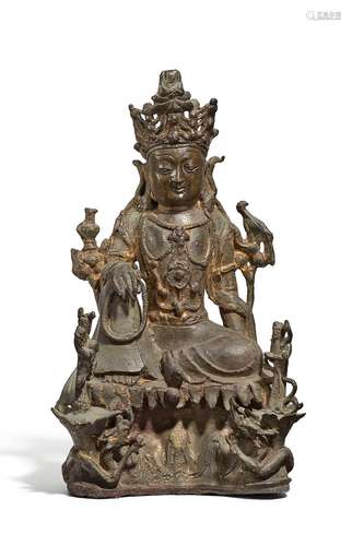 GUANYIN WITH PARROT, VASE AND ENTOURAGE.