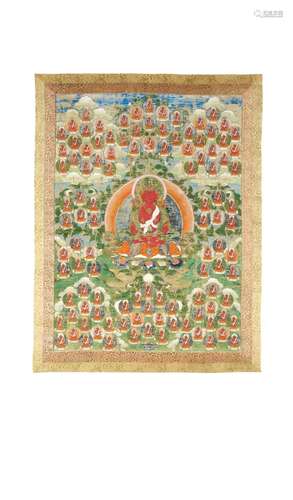 IMPORTANT AND LARGE THANGKA OF THE SUKHAVATIVYUHA SUTRA WITH AMITAYUS.