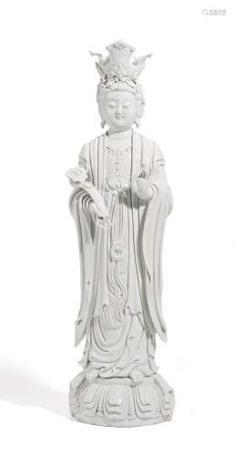 LARGE CROWNED GUANYIN STANDING ON LOTUS.