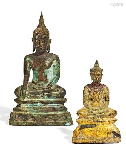 TWO BUDDHA, ONE WITH SAMGHATI GARMENT, THE OTHER IN ROYAL REGALIA.