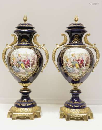 Pair of European Tall Cobalt w/ Flowers Lids Vases