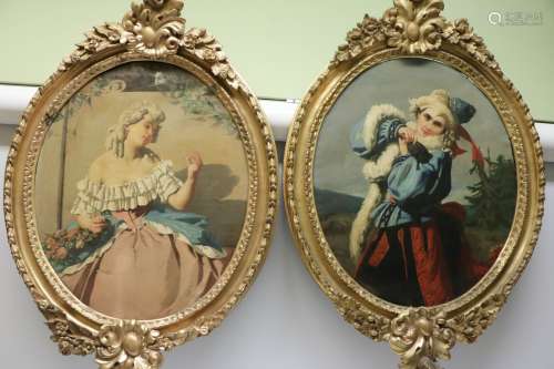 Pair of Oil on Canvas of Girl and Boy