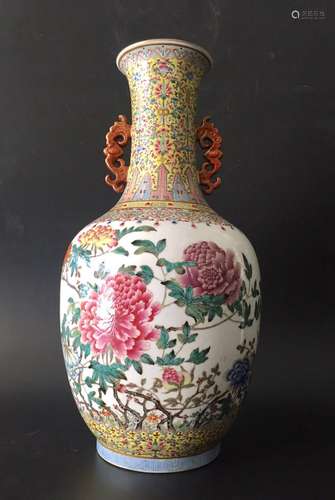 Chinese Enameled Floral Porcelain Vase, Marked