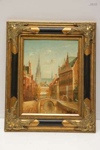Oil on Board of City View, Signed