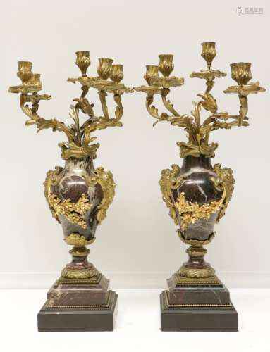 Pair of French Bronze & Marble 5 Hand Candelabra