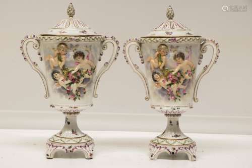 Pair of European Cover Vases w/ Cupids