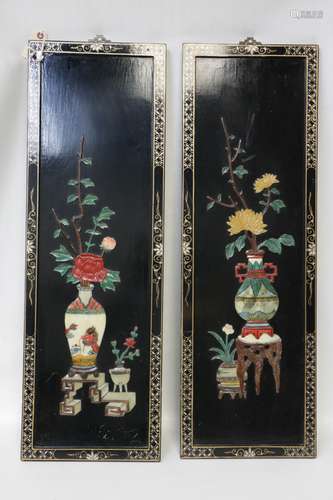 Pair of Chinese Wood Panel Inlaid Gemstone