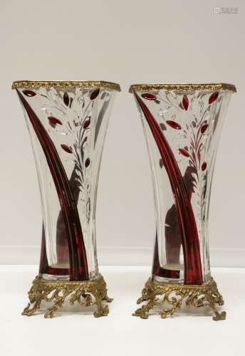 Pair of Red White Cut Crystal Vases