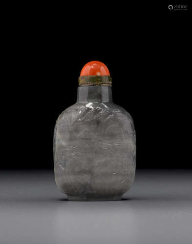 20th century A well-hollowed black and gray jade 'figural and landscape' snuff bottle