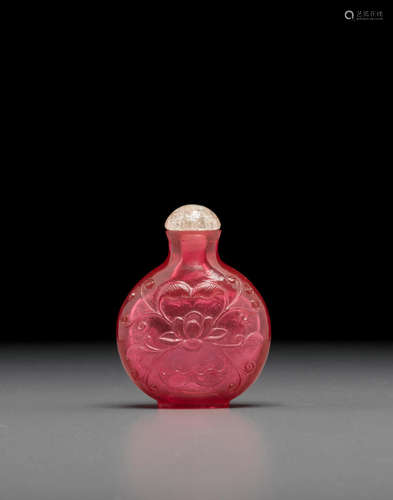 Posibly Imperial, attributed to the Palace Workshops, Beijing, 1780-1860 A ruby-pink 'lotus' glass snuff bottle