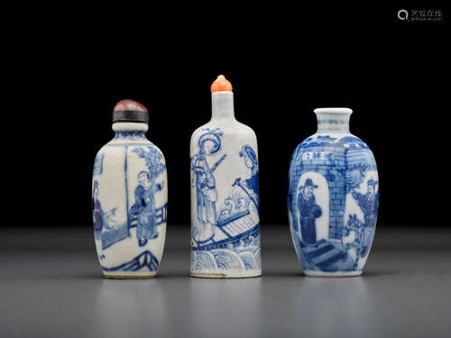 Jingdezhen kilns, 1800-1880 Three blue and white porcelain 'figural' snuff bottles