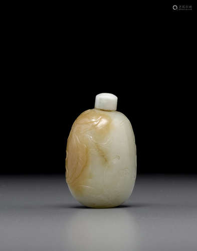 A greenish-white jade 'melon and butterfly' snuff bottle