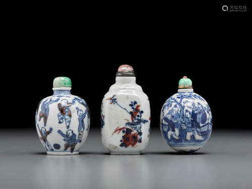 Jingdezhen kilns, 1800-1910 Three porcelain 'figural' snuff bottles